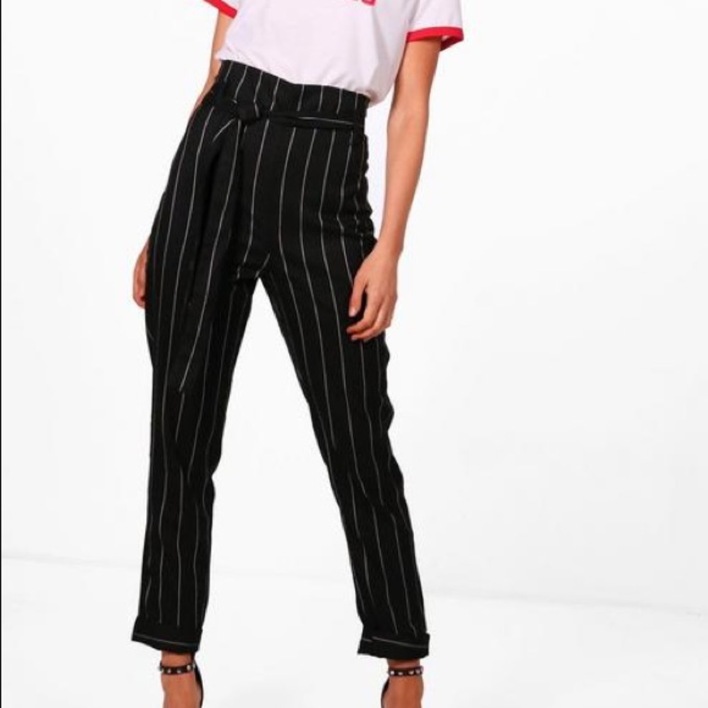 Boohoo Gigi Pinstripe Paperbag Tapered Trouser